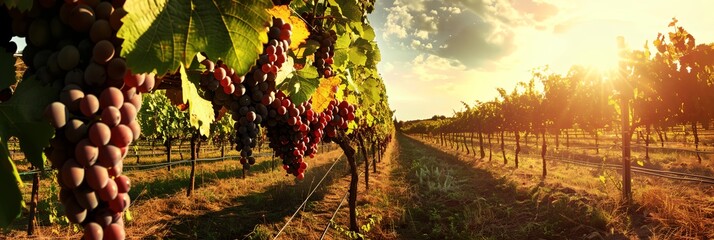 A vineyard with a bunch of grapes hanging from the vines. The grapes are ripe and ready to be picked. The sun is shining brightly, creating a warm and inviting atmosphere