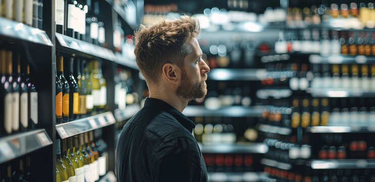 Attraktiver Mann sucht in der Weinhandlung nach Rotwein oder Weisswein