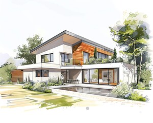 Architectural project with detailed modern house model on white backgrounds.