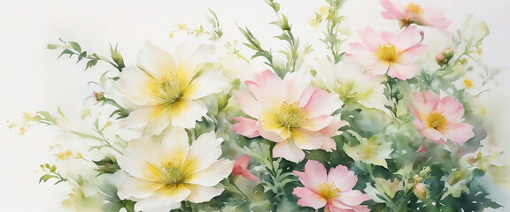 Floral design of Wild Roses. Exquisite digital watercolor in pastel tones and softly textured. Banner format. Ratio 12:5
