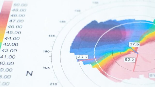 Results of the examination of the thickness and curvature of the cornea in a patient with keratoconus.