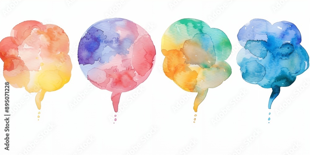 Poster four colorful bubbles with different colors and sizes. the bubbles are arranged in a row, with the l