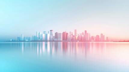 A city skyline is reflected in the water