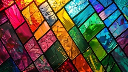 A colorful stained glass window with intricate patterns and vibrant designs