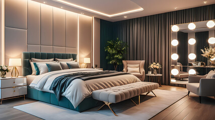 Trendy contemporary bedroom luxury mood, elegant bright tones and geometric elements. Illustration of modern bedroom with LED decoration on the wall. Perfect design luxurious. Created by Generative AI