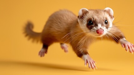 Smiling Ferret Mid-Leap Against Yellow Background