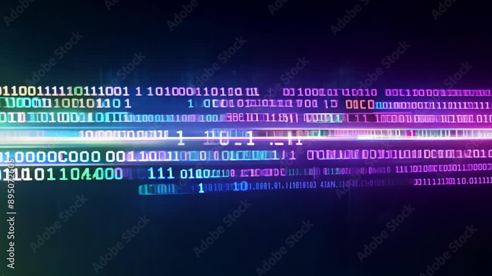 Poster A stream of binary code in various colors moves across a black background.