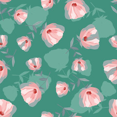 Cute floral pattern. Seamless vector texture. An elegant template for fashionable prints. Print with small white flowers and blue leaves. pink background.