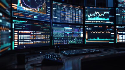 advanced algorithmic trading setup, with screens displaying real-time analytics, trading algorithms, and market entry points
