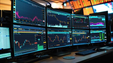 advanced algorithmic trading setup, with screens displaying real-time analytics, trading algorithms, and market entry points