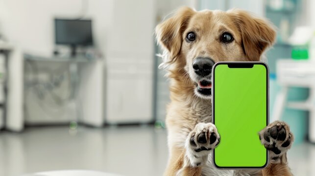 Dog portrait holding chroma key phone in paws, phone with green screen. vertical mock up for advertising, Dog using showing smartphone, online shopping, care, pet goods, veterinarian.