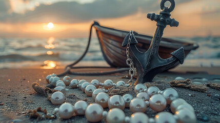 Anchor with pearls on the beach near the sea