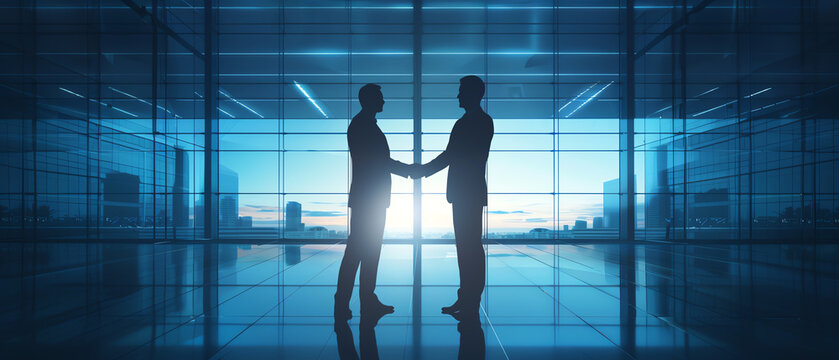 Confident businessmen shaking hands outside a corporate building, symbolizing partnership