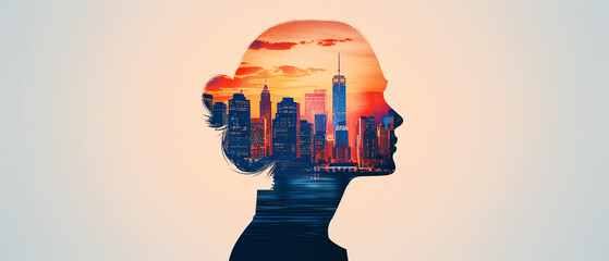 Elegant silhouette of a womans head intertwined with a bustling city scene