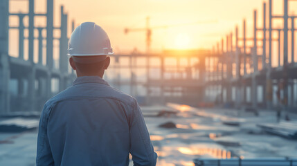 Engineer in a helmet, inspecting a bridge under construction with detailed plans