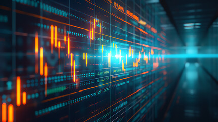 Dynamic stock market chart displayed on a holographic screen with advanced technology elements