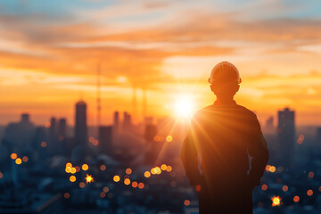 Fototapeta premium Engineer wearing a helmet, standing confidently with a sunrise overlay and cityscape in the background