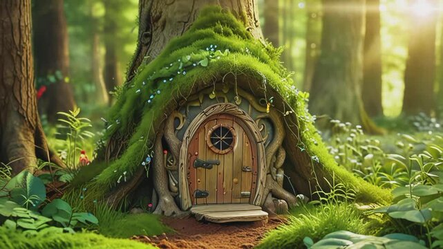 Fairy house in the forest, 4K seamless looping virtual video animation background
