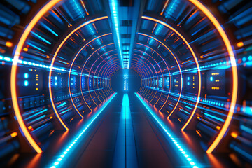 Hightech tunnel with glowing circuits and holographic interfaces lining the walls