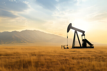 Naklejka premium Industrial oil pump in a rural field with mountains in the background