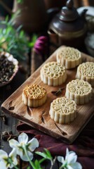 Fototapeta premium Moon cake for Mid autumn festival, Retro vintage style of Vietnamese traditional food and dessert.