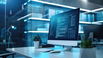 modern office. the computer shows an error. dead blue screen for problem. operating system and internet