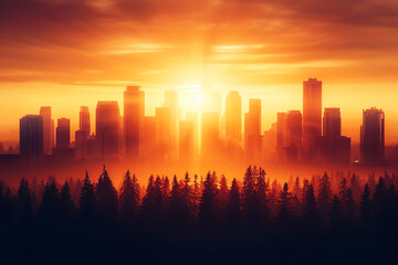 Fototapeta premium Seamless blend of a bustling cityscape merging into a tranquil forest landscape at sunset