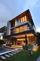 Obraz premium Modern House with Stone Wall and Swimming Pool