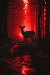 red Deer silhouetted against car headlights on a dark road.