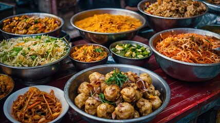 Obraz premium Vibrant Street Food from Diverse Cultures. Colorful and Appealing Presentation. Explore a vibrant collection of street food from different cultures, presented in a visually appealing and colorful.