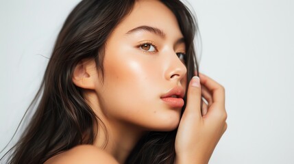Close-up portrait of a woman with flawless glowing skin, posing confidently with her hand on her face, set against a white background.