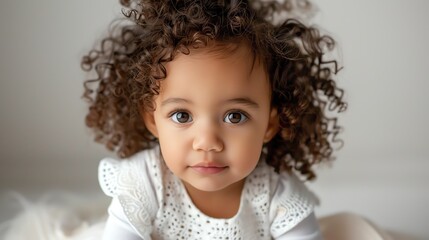 Naklejka premium An adorable toddler girl with curly brown hair and big brown eyes is looking at the camera with a shy smile on her face.