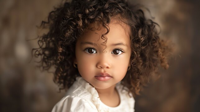 Little girl with curly hair looking at the camera with a serious expression.