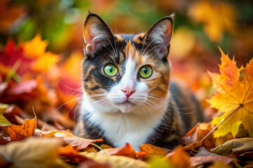 Fototapeta premium Calico cat resting among colorful autumn leaves