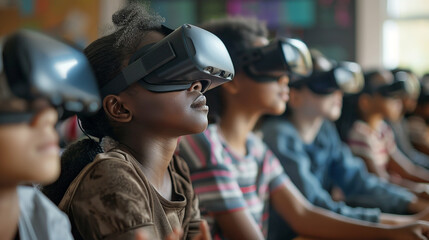 Children in a classroom wearing VR headsets, exploring new virtual worlds, illustrating the integration of technology and modern education.