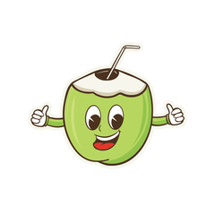 Cartoon illustration of a green coconut with a thumbs up hand, showing a cheerful and funny facial expression. This image is perfect for use in various design projects, such as merchandise, posters, s
