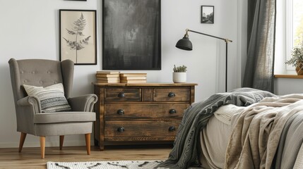 Gray chair beside dresser and bed with bedding in bedroom featuring black artwork. Real photo