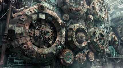 Obraz premium artistic representation of a budget as a complex machine with cogs and wheels made from banknotes, set in a steampunk environment