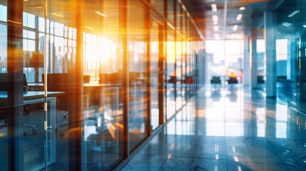 Fototapeta premium A blurred background of an office interior with glass walls, showcasing desks and chairs arranged neatly along the long corridor, with sunlight streaming through windows