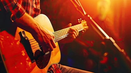 Obraz premium An unrecognizable musician playing the guitar. On stage a guitarist playing music on a stringed instrument. Concert performance solo. Illustration for cover, card, interior design, poster, brochure.