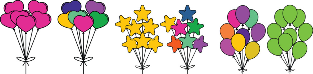 Balloons flying up. Air balloons groups, festive decorations floating. Balloons bunches, bundles. Festive decorations floating, soaring. Helium balloons decor on strings.vector eps10 © JunnU studio