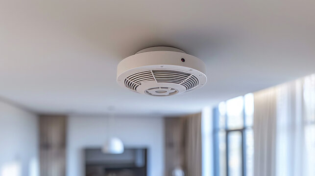 A photo of an unobtrusive smoke detector fire alarm in the ceiling, in a modern minimalist living room with white walls
