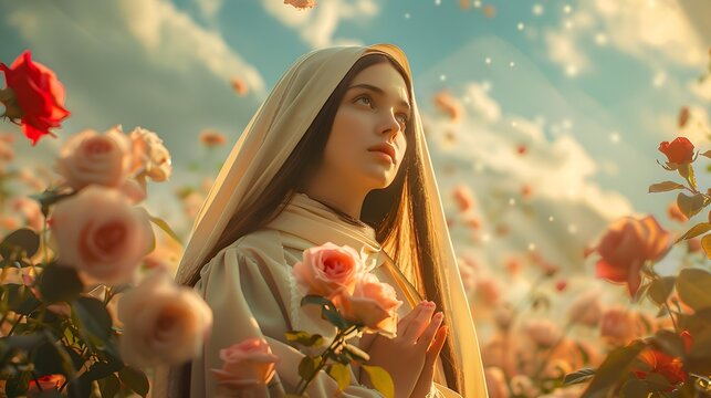 St. Therese standing gracefully in a rose garden, roses drifting down from above, serene light illuminating her peaceful expression, soft clouds and pastel sky in the background