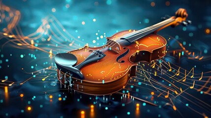 Fototapeta premium Artistic 3D violin with dynamic musical notes and colorful visual effects
