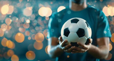 Obraz premium Man Holding Soccer Ball in Front of Lights