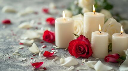 Sympathy and Condolences: White Candles with Roses and Flower Petals for Funeral Memorials