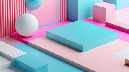Fototapeta premium Colorful abstract geometric layout with pink, blue, and white elements perfect for product presentation