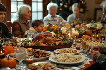 Fototapeta premium Thanksgiving dinner with family and friends sharing a feast