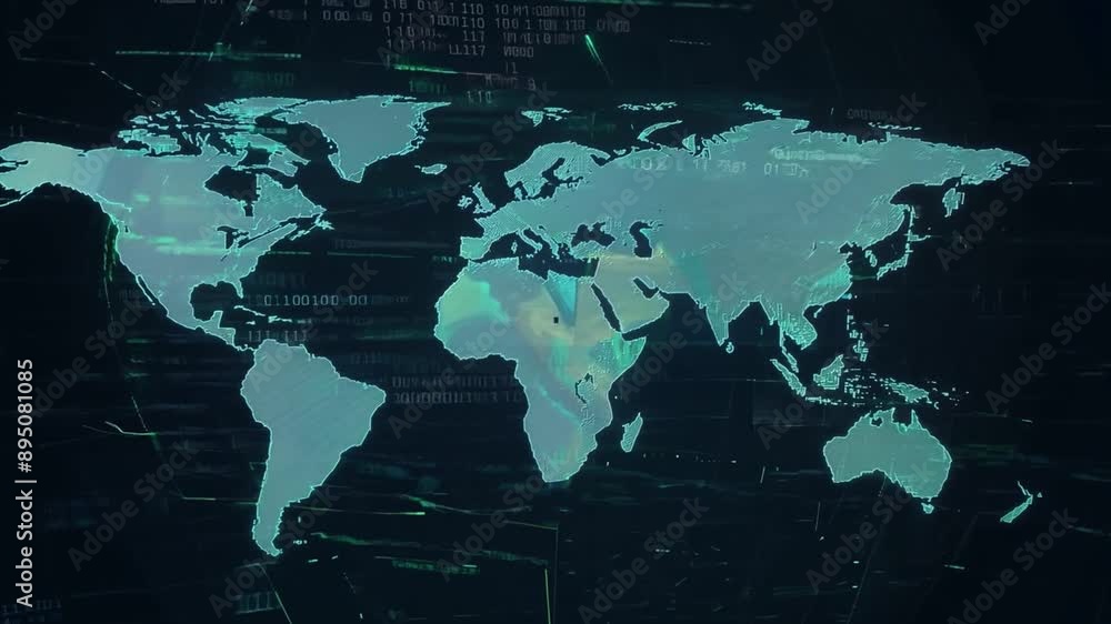 Aufkleber a glowing, teal world map with continents outlined, set against a dark background of digital code.