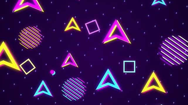 Abstract retro style 90's design memphis vintage background. Geometrical shapes. Bright glowing neon lights. Party concept